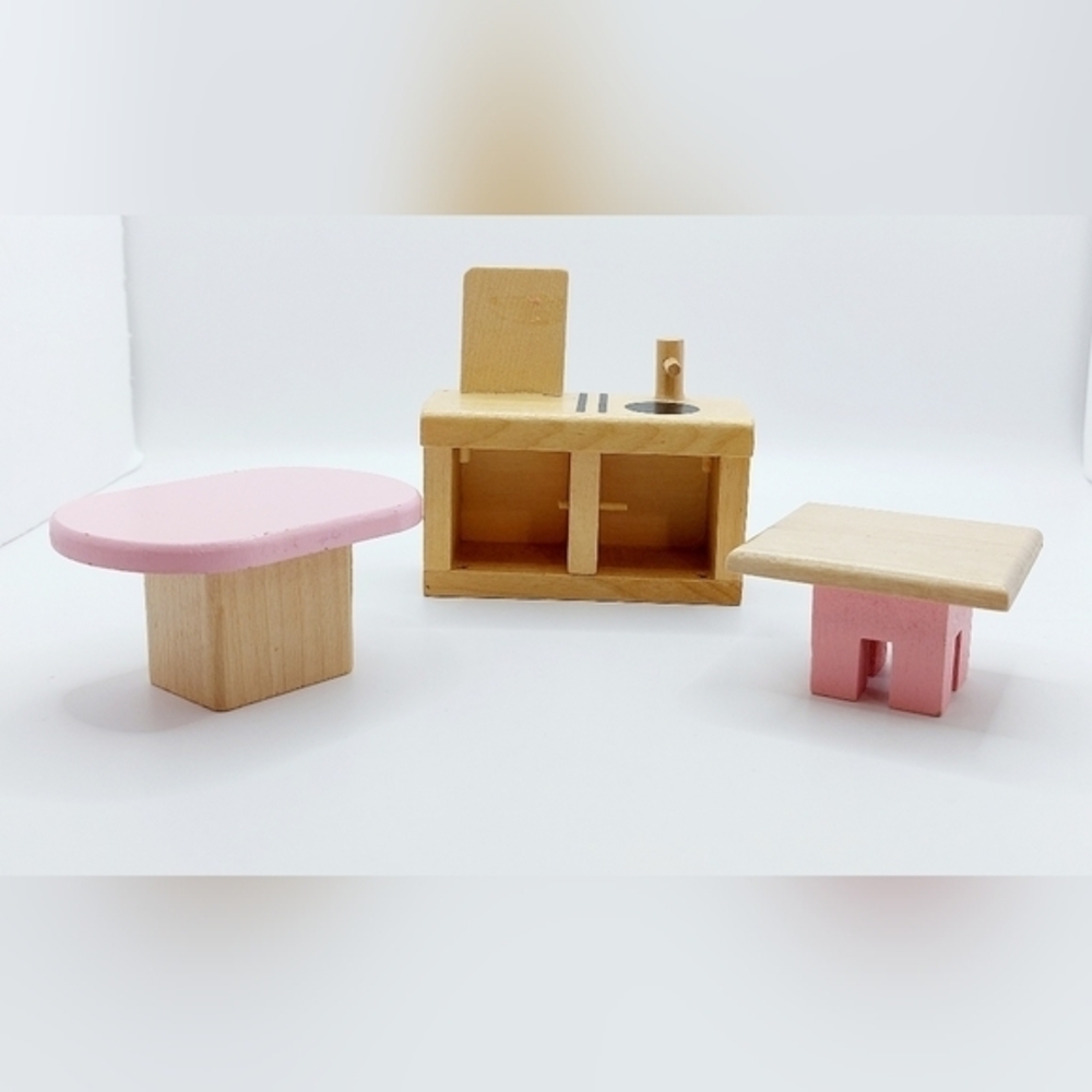 Vintage‎ Pink And Wooden Doll House Furniture 3 Pieces